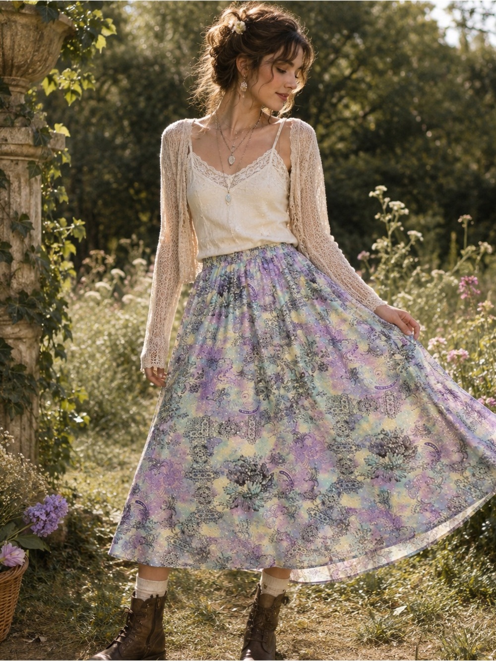 Women's Floral Lavender Midi Skirt - Romantic Boho